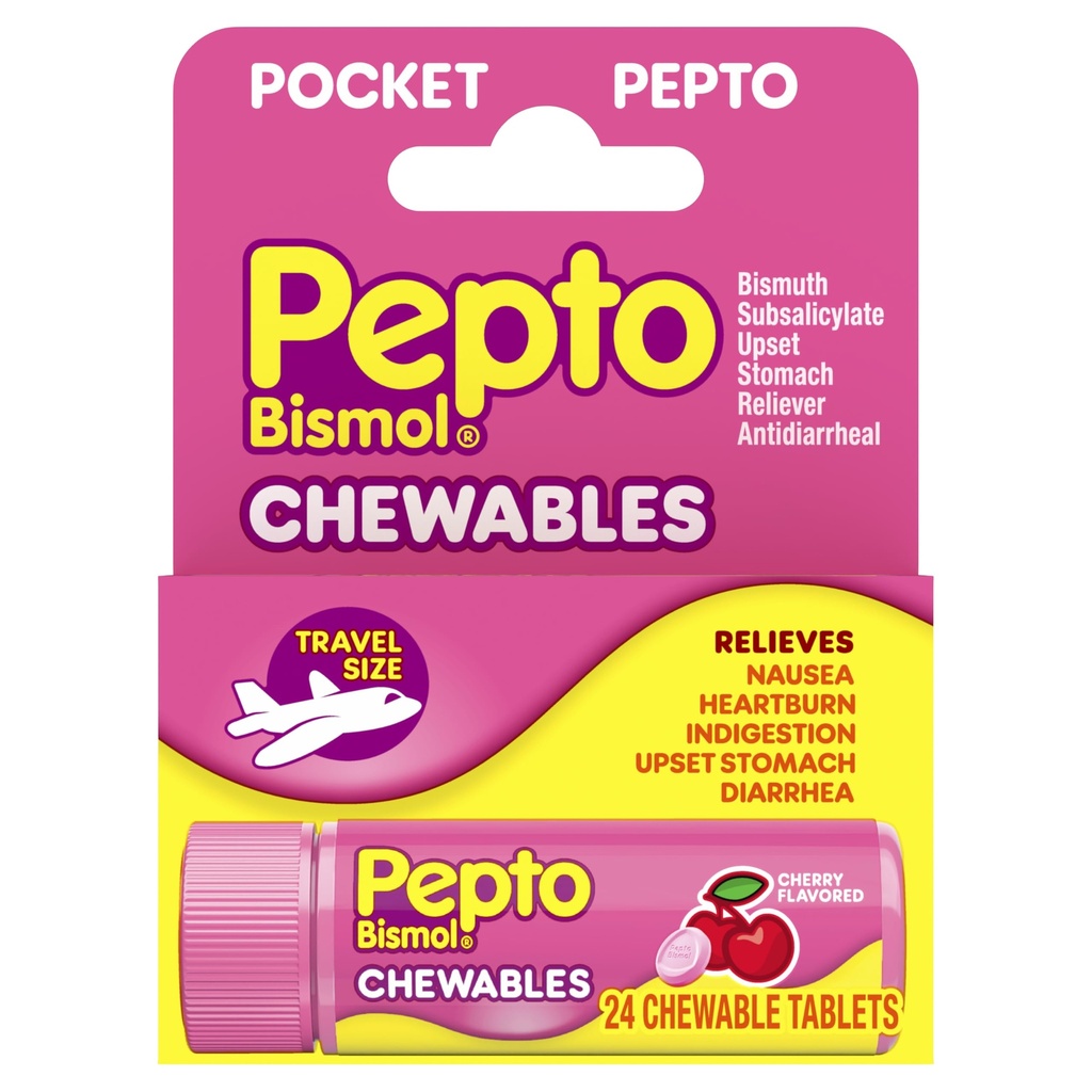 Pepto Bismol Pocket Chewable Tabletter for hemmighet, Heartburn, Indigestion, Upset Mage, og diarrea - 5 Symptom Fast Relief, Cherry Flavor 24 ct