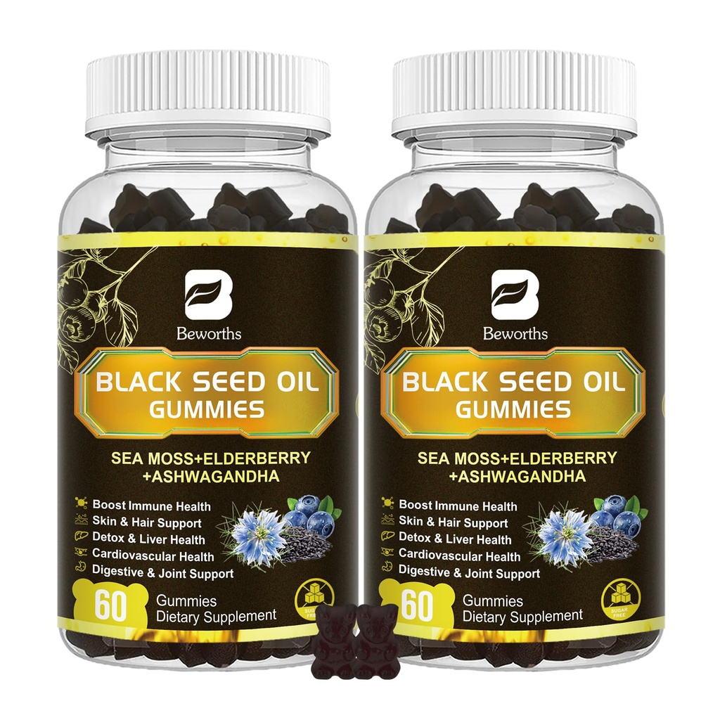 Svart Seed Olje og sjø Moss Gummies, 2Pack Irish Sea Moss Gummies med Black Seed Oil, Ashwagandha Extract, Elderberry, Turmeric, vitamin C, vitamin D3 - Immunstøtte, Joints, Digestion, Hår og hud