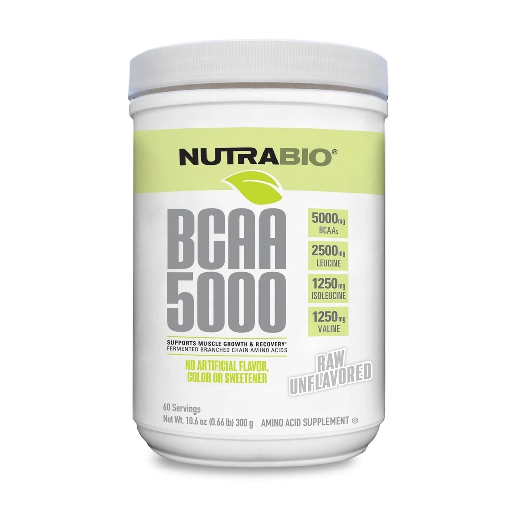 NutraBio BCAA 5000 pulver - Fermented grened kjede Aminosyrer for muskelvekst og gjenoppretting - Naturlige Flavors, Søtstoffer, og Fargestoffer, Vegan, Glutenfri - Uslavored, 60 Services