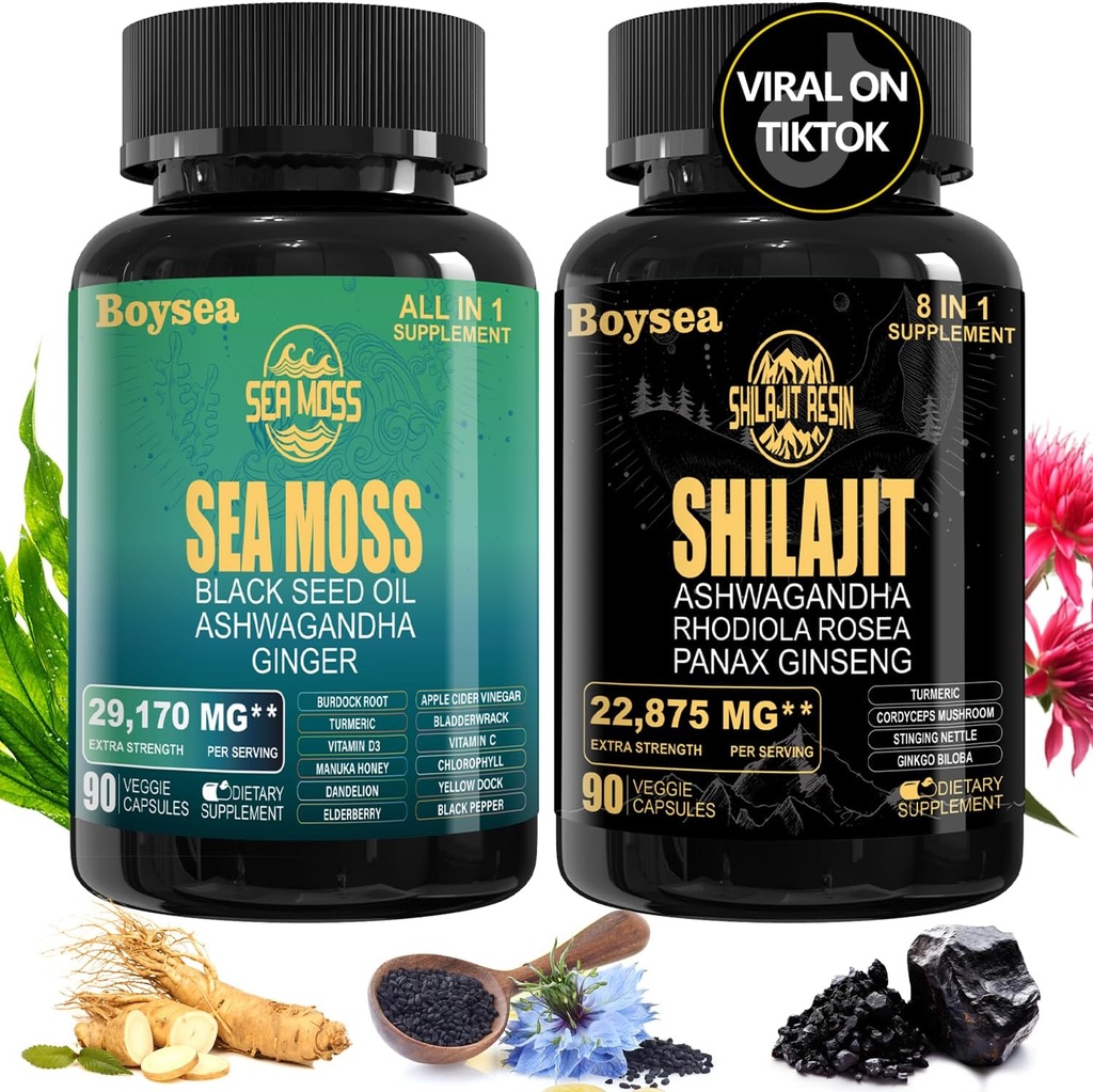 Geloo Superfood Supplement Bundle - 90 Count Sea Moss Kapsler (sjø Moss, svart frøolje) & 90 Count Pure Shilajit Kapsler (Shilajit, Ashwagandha) -1 Pack