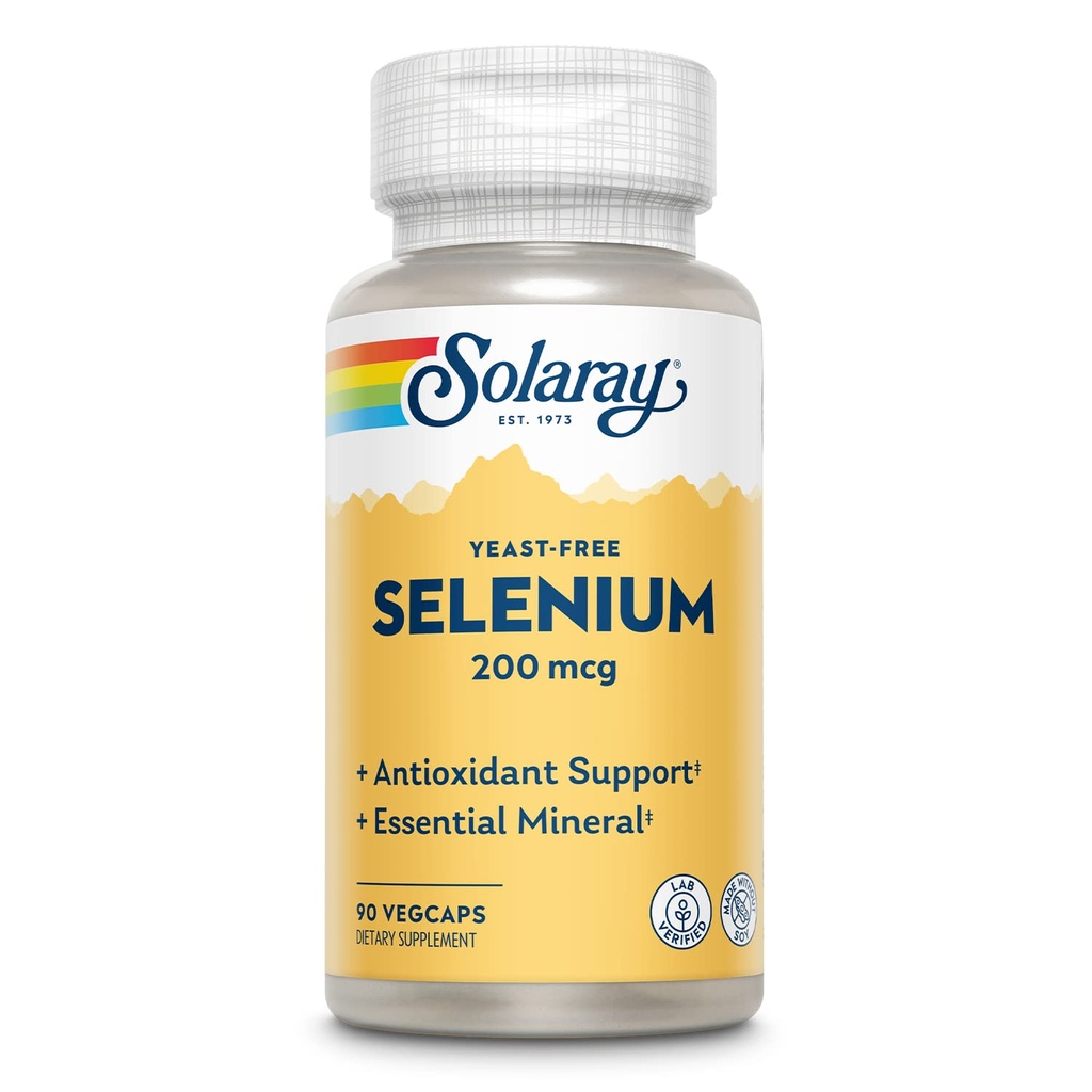 Solaray Yeast Free Selenium 200mcg, Selenium Capsules for sunn Thyroid funksjon og immun støtte, høy absorpsjon kosttilskudd, Vegan, 90 Services, 90 Vegkapsler