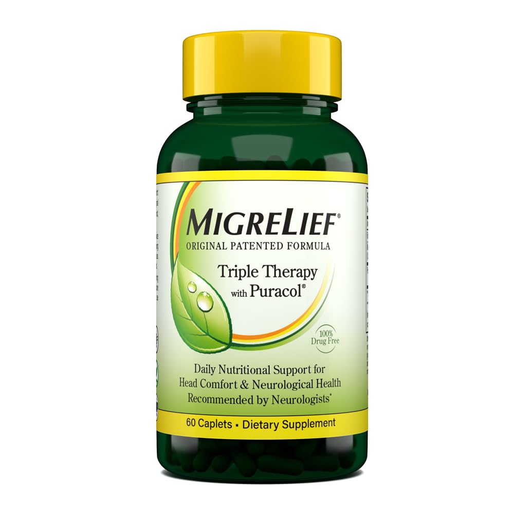 MigreLief Opprinnelig trippelterapi med Puracol - Ernæringsstøtte for Migraine Suffers - 60 Caplets / 1 måneds forsyning