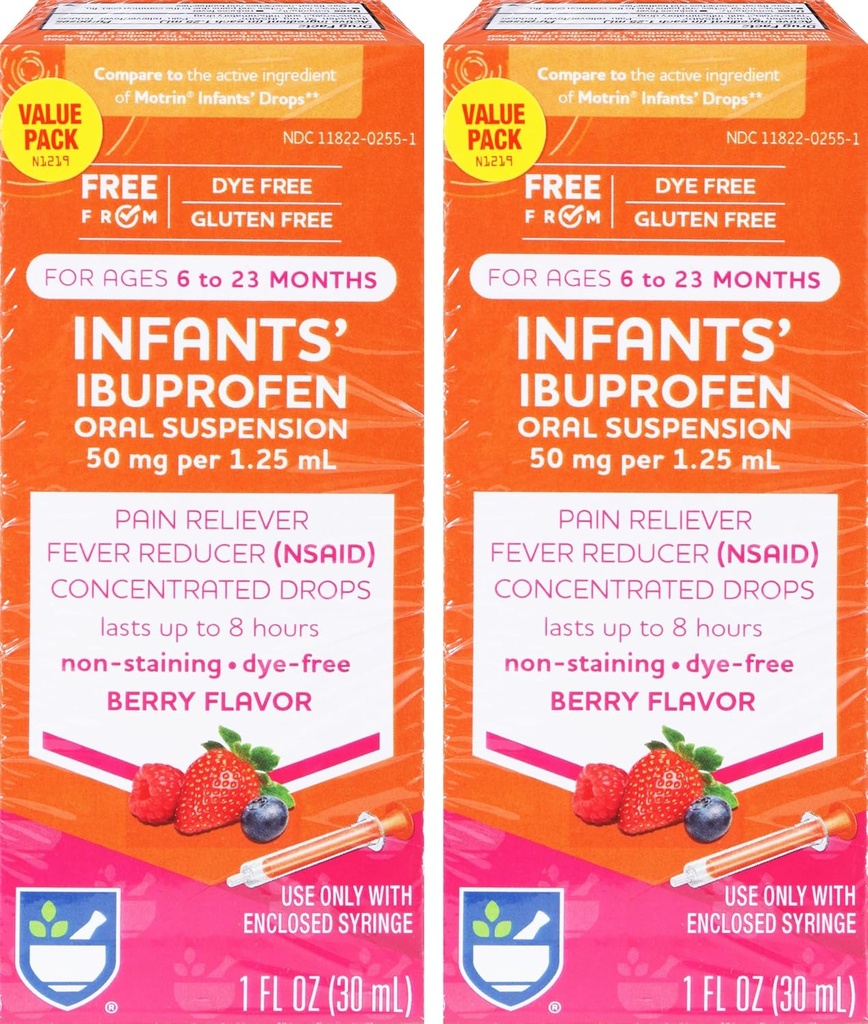 Rite Aid Infanters Dye-Free Ibuprofen Dråber, Berry Flavor, 50 mg - 2 Verdipakke | Infantert smerte Reliever | for babyer alder 6 til 23 måneder | Oral suspensjon 50 mg per 1,25 ml | Glutenfri