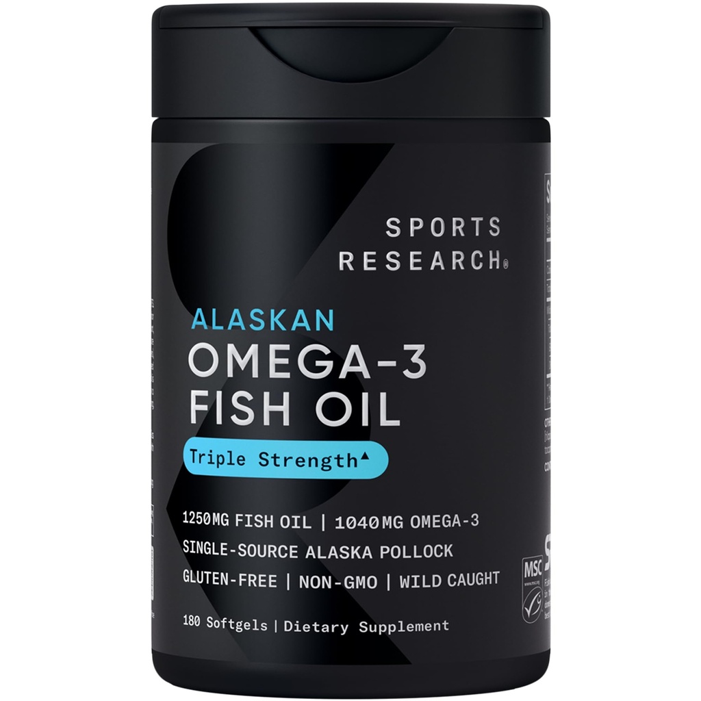Sportsforskning Triple Styrke Omega 3 Fiskeolje - Burpless Fish Oil Supplement w/EPA & DHA fettsyrer fra Single-Source Wild Alaskan Pollock - 1250 mg, 180 ct