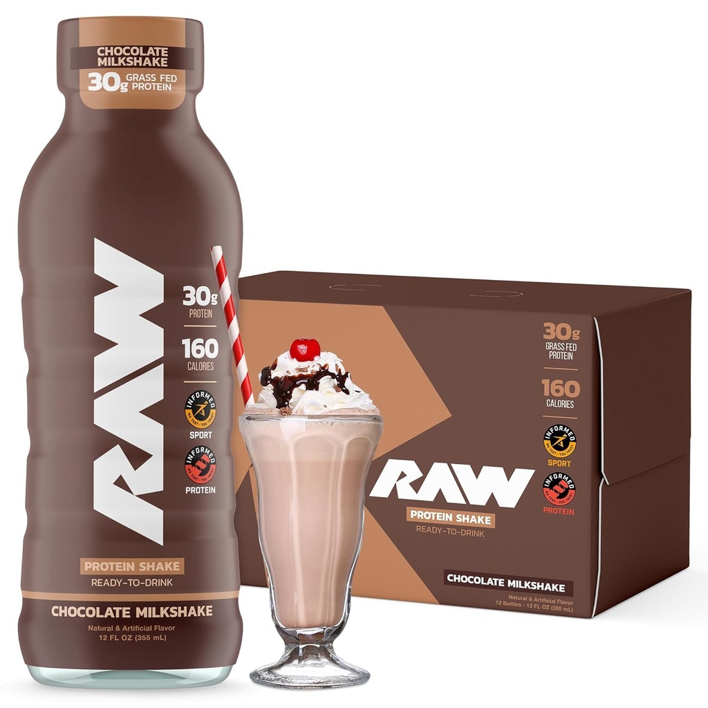 RAW Ready-to-Drink Protein Shake, sjokolade - Protein Drinks med Grass-Fed Whey Protein Isolate for post-Workout - Null-Sugar & Glutenfri Måltid Erstatning Drikk & Frokost Shake, 12 Fl Oz