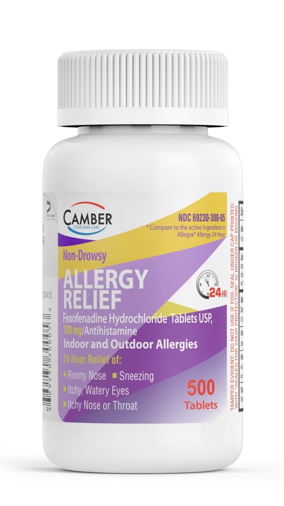 Camber 24 Hrs Ikke-Drowsy Fexofenadin Antihistamin Innendørs Utendørs Allergy Relief Tabletter 500 Count Familiestørrelse