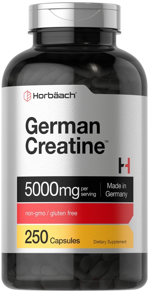Horbaach Tysk Kreatin Monohydrat | 5000 mg | 250 pulver kapsler | Ikke-GMO & Glutenfri Supplement