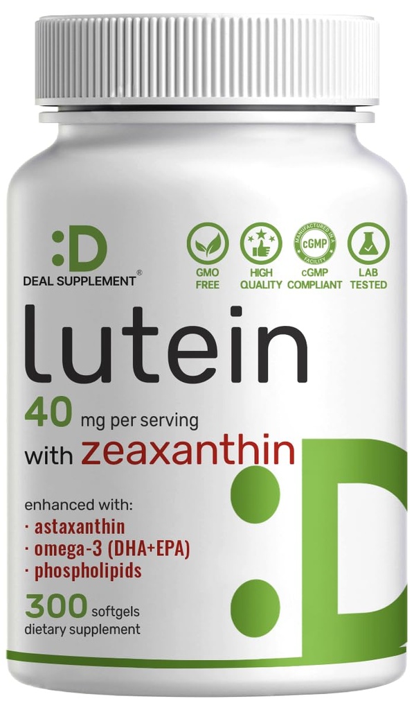 Lutein og Zeaxanthin Supplements, 40 mg Per Serving, 300 Softgels – Plus Astaxanthin, Omega-3s, & Fosfolipider – Ikke-GMO