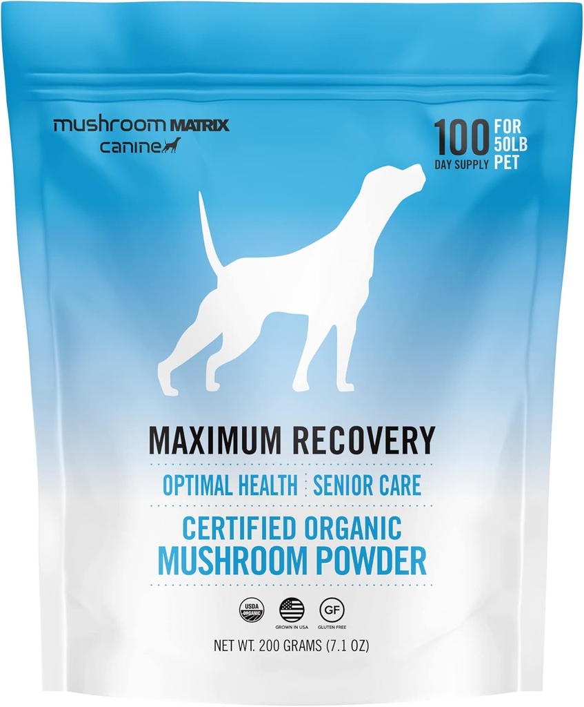Om Mushroom Matrix Maksimal gjenoppretting Mushroom Pet Supplement pulver, støtter optimal helse og senior omsorg for hunder og katter, 200 gram, 7.1 oz