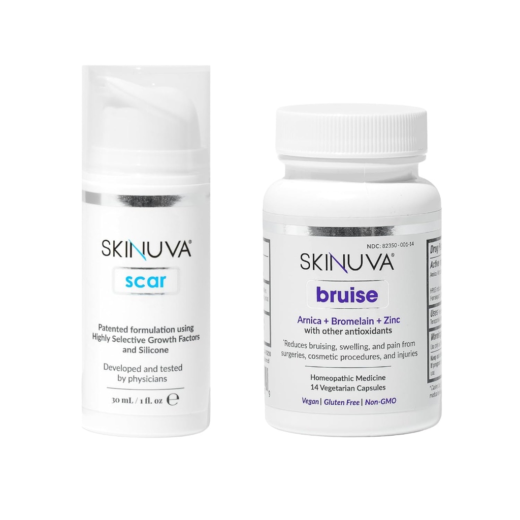 Skinuva® Scar (1 oz) & Bruise (14 kapsler) - Avansert silikonkrem Formulert med vekstfaktorer og Homeopatisk Bruise Remedy Formulert med Arnica, Bromelain & Sink