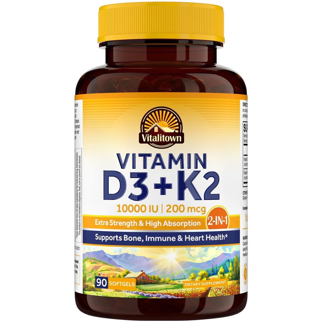 Vitalitown Vitamin D3 K2 Supplement, vitamin D30000 IU vitamin K2 (MK7) 200 mcg, 90 mcg, 90 mcg, ikke-GMO, ingen gluten og soya, for bein, tenner, immun og hjerte helse