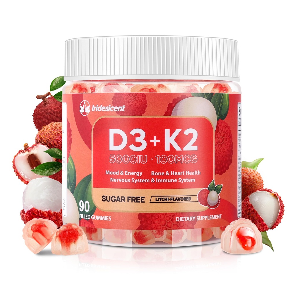 Vitamin D3 K2 Gummies w/Manesium Sukker Gratis - 90 greve D3 Vitamin 5.000 IU + K2(MK-7) 100 mg - Vegansk K2 D3 Vitamin Supplement, høy absorbent støtter Bone, Muskel, Mood & Immune (Lychee Flavor)