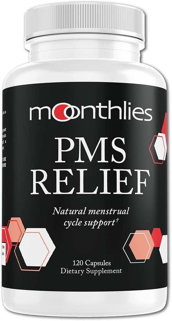 Moonthlies PMS Relief Supplement for kvinner Menstruell Syklus Support - Naturelly balanse Mood Swings, Periode Cramps, Bloating, Tretthet, Vannoppbevaring, PMDD, Perimenopause (60 dagers forsyning 120 kapsler)
