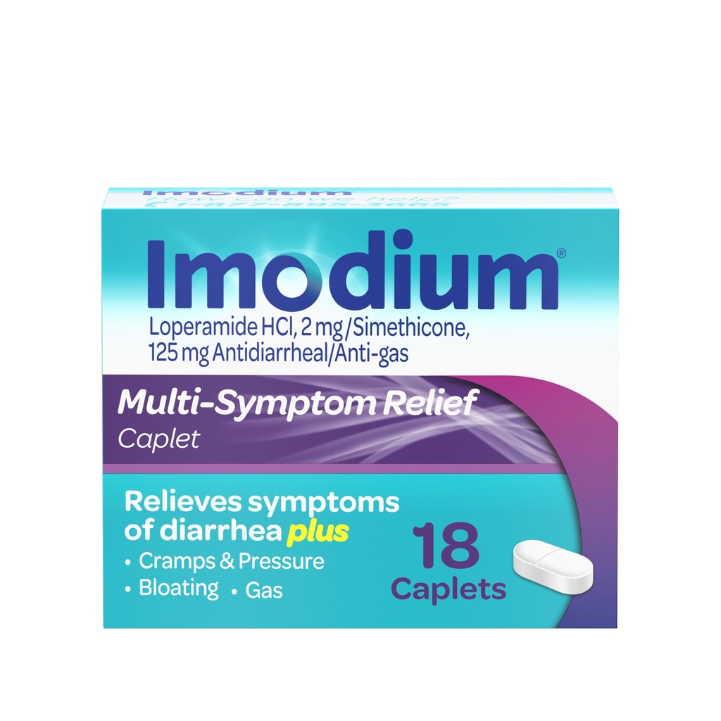 Imodium Multi-Symptom Relief Caplets, Loperamid Hydrochloride & Simeticone Anti-Diarreal Medisin for lindring av diarrea, Gas, Bloating, Kramper og trykk, HSA/FSA kvalifisert, 18 ct