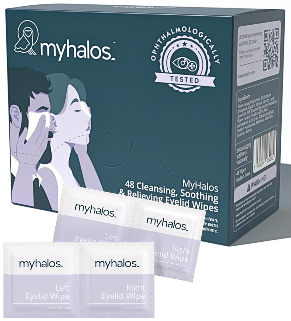 MyHalos® 48 Hydrating Eyelid Wipes for tørr øye lindring - Moisturizing & Soothing Eye Wipes with Tea Tree - Hjelper med Blefaritis & Computer Vision Syndrome, Blepharites behandling for Eyelider, Cleanser