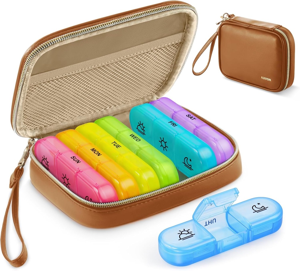 AUVON ukentlig Pille Organizer 3 ganger om dagen, stor pille boks 7 dag med en PU skinnveske, protabel reisepille tilfelle medisinering påminnelse, daglig pille boks 3 ganger om dagen for vitaminer, fiskeoljer, kosttilskudd