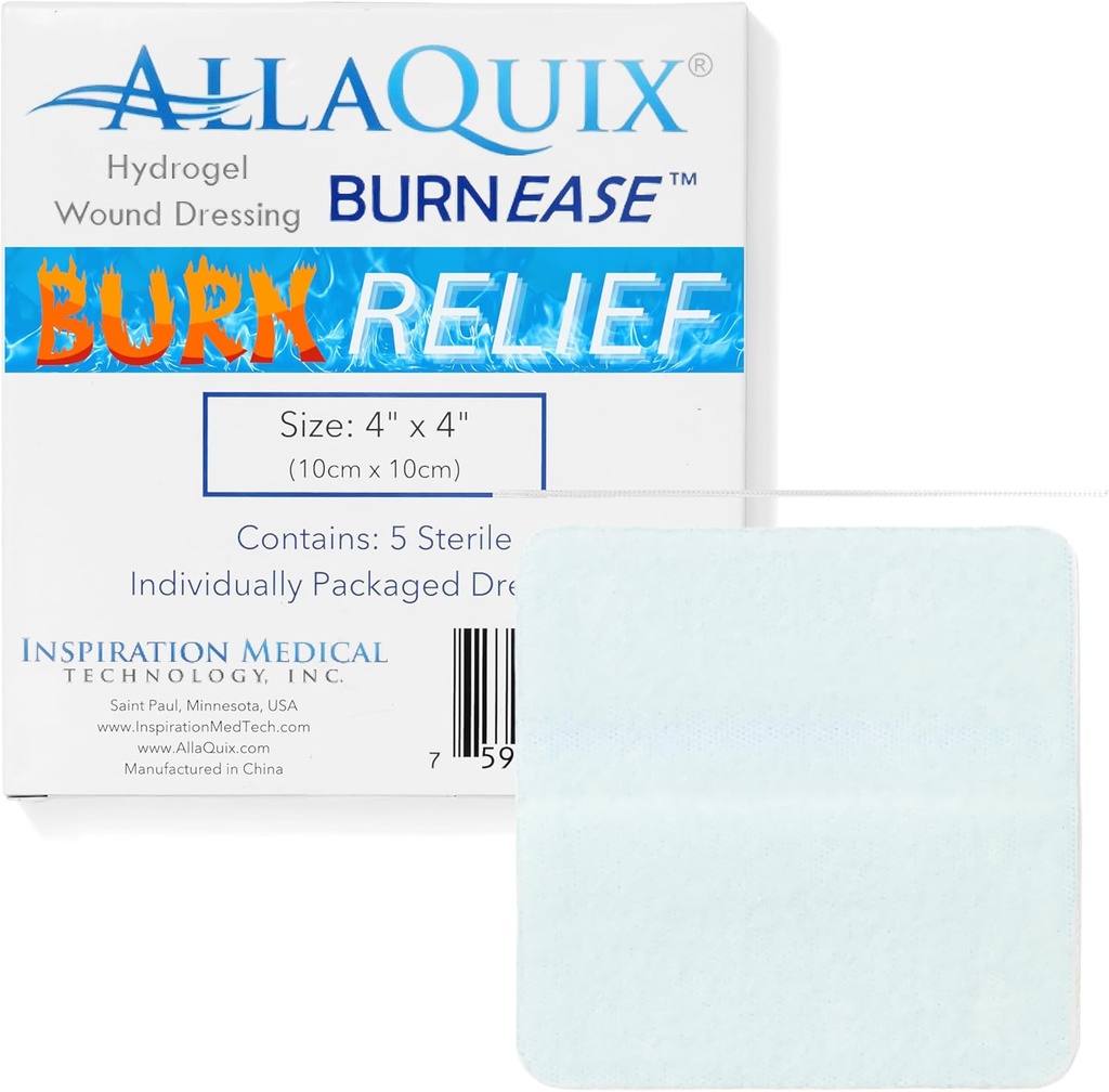 BurnEaseTM Hydrogel Burn Dressing Pads av AllaQuix – XL 4" Sterile Pads (boks av 5) | Øyeblikk etter kjøling Relief for Burns, Scalds, Sunburn | Moist Sår Healing Gel for førstehjelp og nødstilfelle Burn Care
