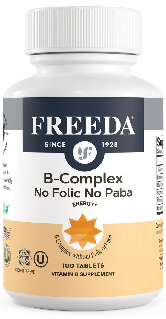 Freeda Vitamin B kompleks Ingen Folic Ingen PABA - Super B kompleks Kosher Vitamin Supplement med vitamin B1 Vitamin B2 Vitamin B3 Vitamin B5 Vitamin B12 - Vit B kompleks B for kvinner og menn (100 Ct)