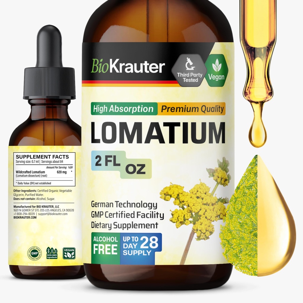BIO KRAUTER Lomatium Root Tinktur - Vegansk Respirasjonsstøtte Supplement - Lomatium Dissectum Liquid Extract - alkohol & sukker gratis - 2 Fl.Oz.