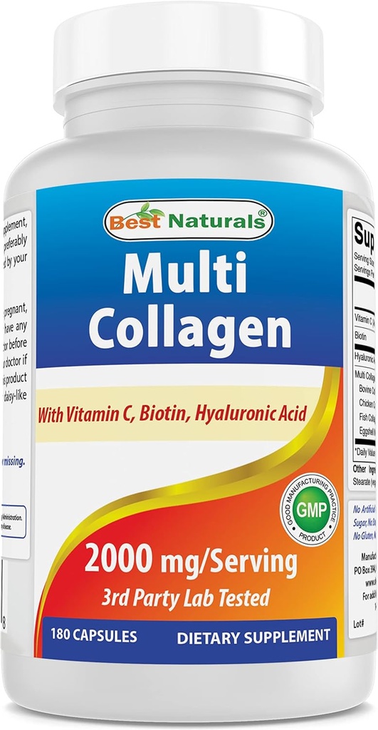 Beste Naturals Multi collagen piller 2000mg for kvinner og menn - Hydrolysert Collagen Peptider Kapsler for hår og negler med typer I II III V X, Biotin, Hyaluronsyre og vitamin C