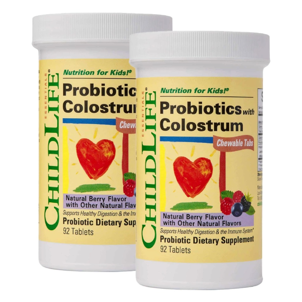 KILDLIFE ESSENTIALS ChildBiotics med kolostrum-probiotika for barn, probiotika for digestiv helse, Chewables, barneprobiotika, kolostrum for barn - naturlig berry, 92 tabletter (pakke med 2)