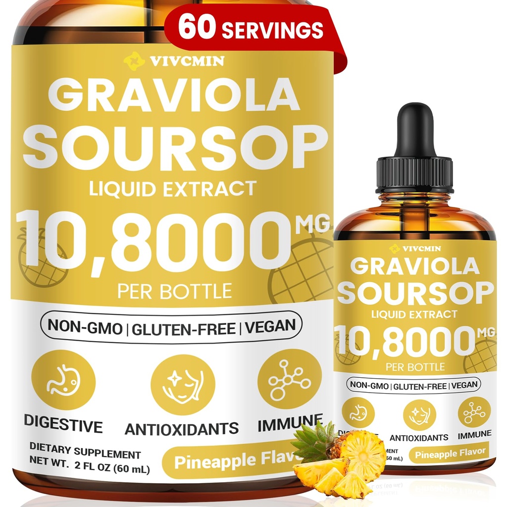 Graviola Soursop Leaf Ekstrakt flytende - Soursop Bitters væske, støtte immune, slappe av, lever og søvn, sukker og alkohol-fri, høyabsorberbar formel, Pineapple Flavor, 2 Fl Oz
