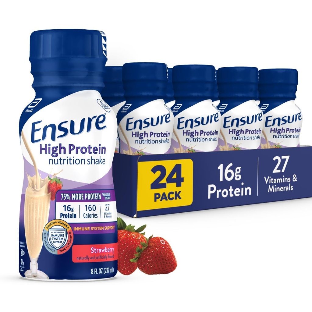 Sikre høy protein Jordbær ernæringshake, klar til å drikke, 16g protein og 27 vitaminer og mineraler, 8 floz, 24 Pack