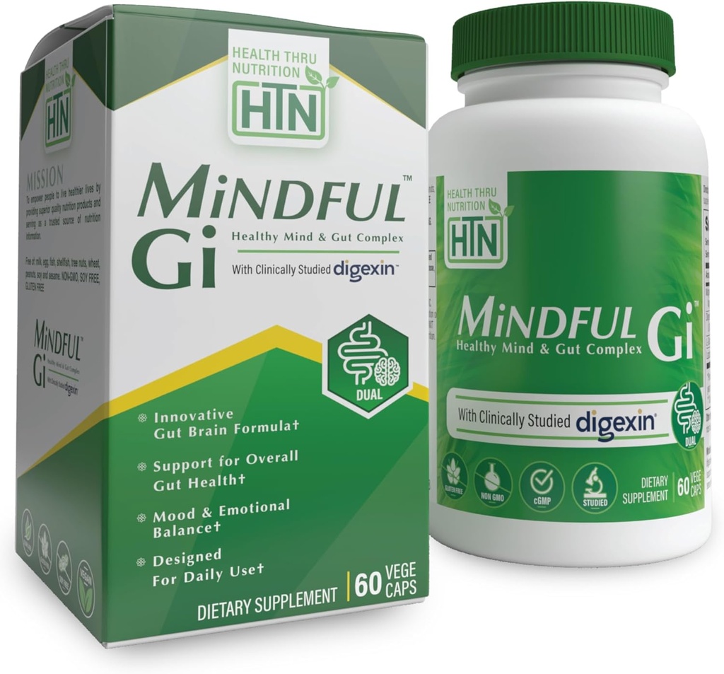 Helse Thru Nutrition Mindful GI - Sunn Mind & Gut Complex med Digexin, Magnesium, L-Glutamin, og Probiotic for Gut-Brain Axis Støtte | Regelmessighet, Bloating, Calmness Supplement