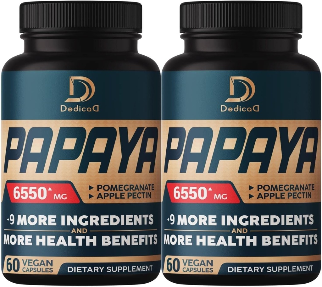 10in1 Pure Papaya Enzymer for Digestion 6550mg 4 måneders støtte Digestion, Immun og Kropps helse - Blandet med ekstrahert Pomegranate, Apple Pectin, Ginger, Turmeric, Peppermint - 2 Pakker 60 Antall