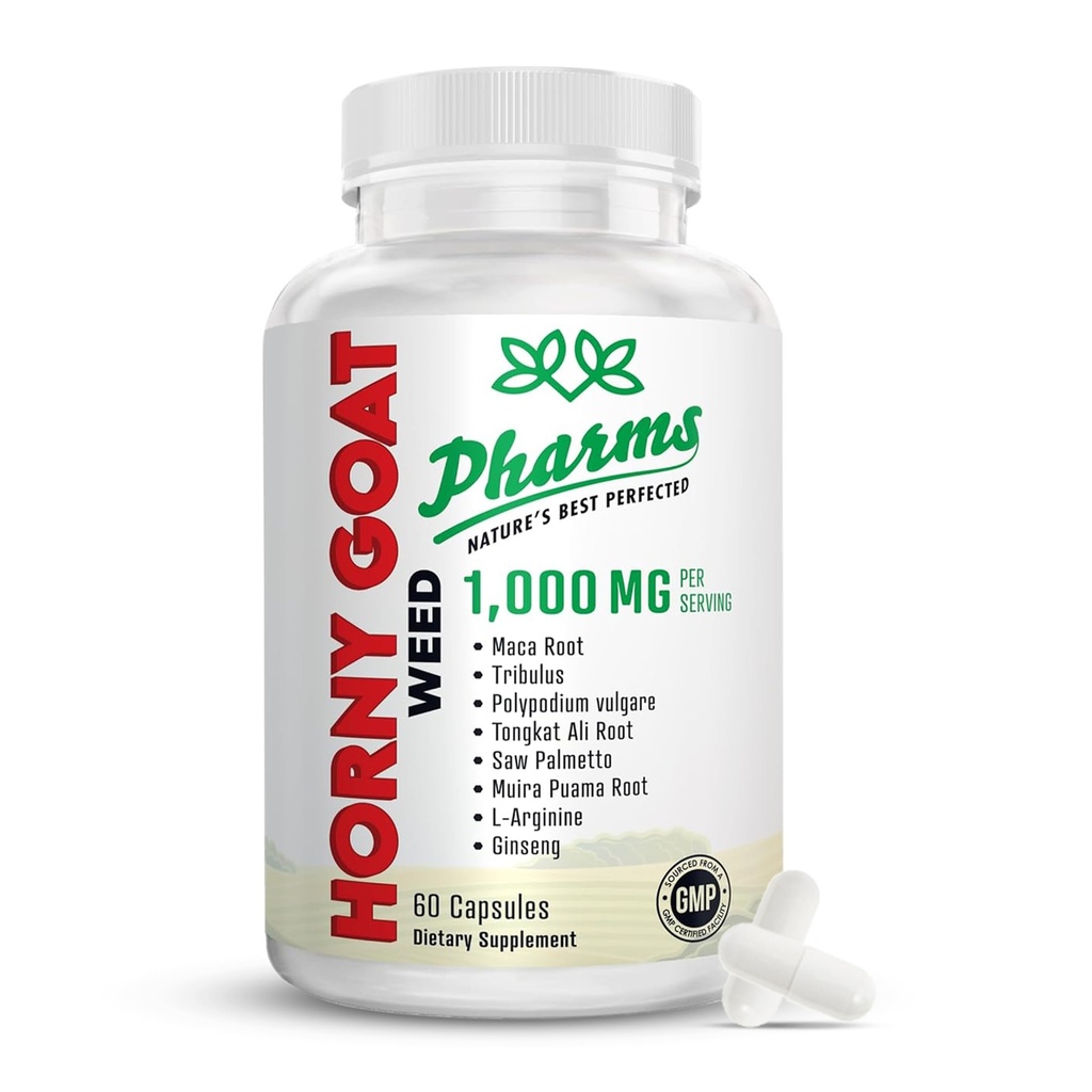 PHARMS Hornygoatweed for menn og kvinner (1 000 mg) - Energi og utholdenhet kapsler med Maca Root, Tribulus, Tongkat Ali, Sag Palmetto & Ginseng - Kvinne & mannlig ytelse Enhancement Supplement - 60 Kapsler
