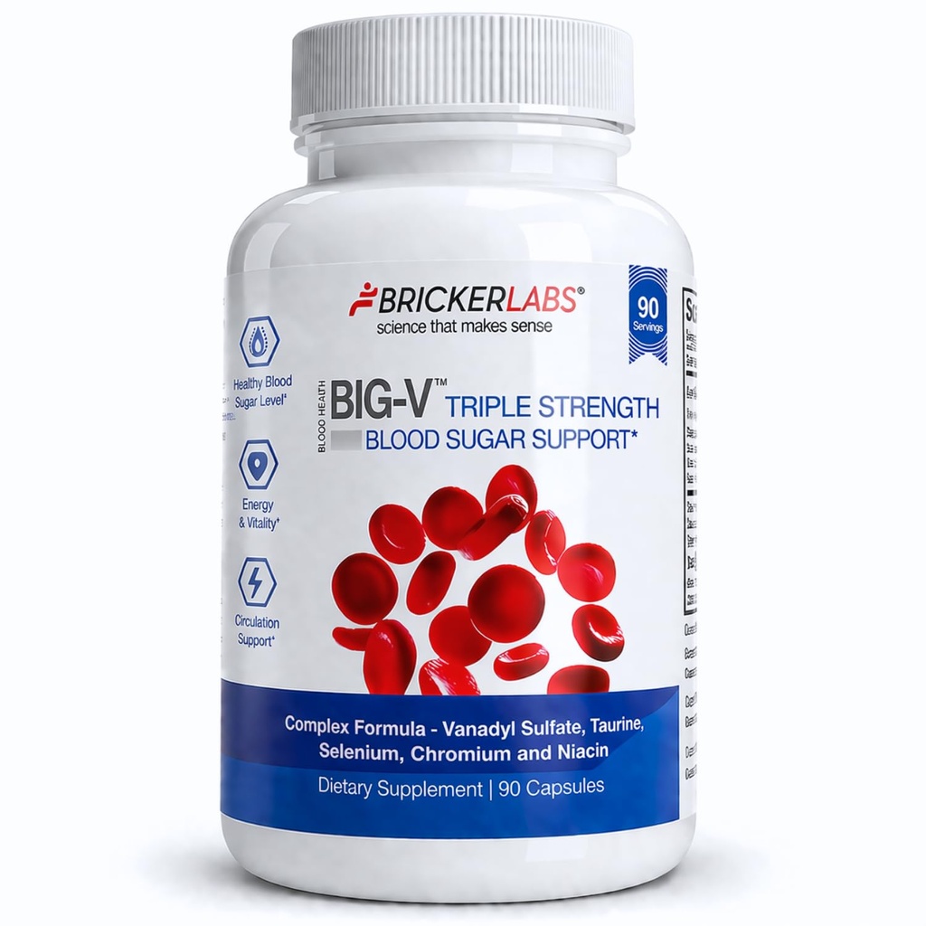 Bricker Labs Big-V Triple Styrke Vanadyl Supplement: Vanadyl Sulfat 30 mg, Taurin 600 mg, Selenium, Chromium og Niacin, Blandet Mineral Supplement Kapsler 90 ct