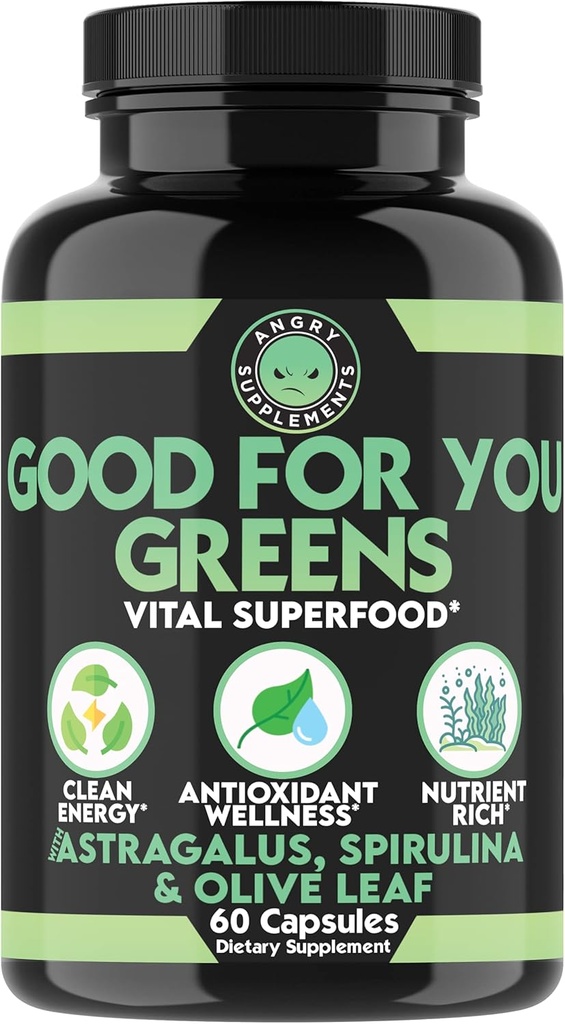 Angre kosttilskudd bra for deg grønne, vital grønn super mat blanding for immunstøtte Booster Formula, infisert med Spirulina, Astragalus Root, og Olive Leaf Root Extract (1-Bottle)