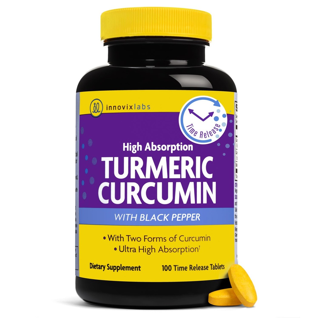 InnovixLabs Turmeric Curcumin med Black Pepper Extract - høy absorpsjon Turmeric og Curcumin kosttilskudd med BioPerine, C3 Redukt og Curcumin C3 Complex - 100 tids release tabletter