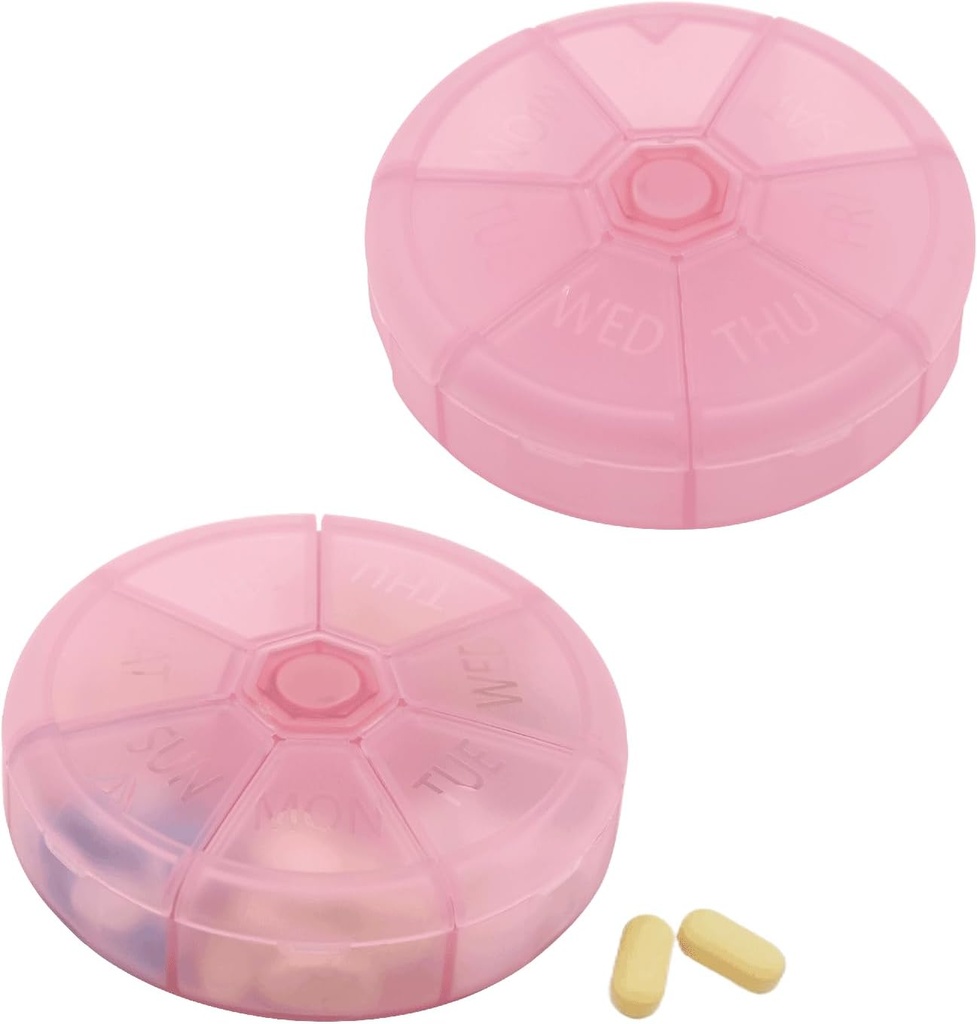 Bærbar ukentlig Pille Organizer 7 dagers piller container, runde pille saken reisevennlig, daglig uke pille påminnelse tilfelle, BPA-fri vitamin, kosttilskudd, fiskeolje, medisinplanlegger (Pink)