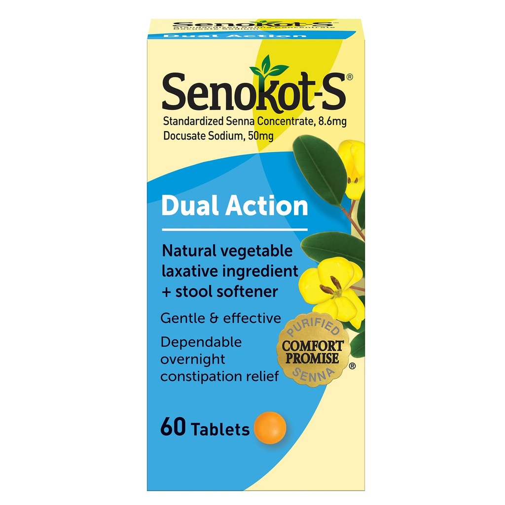 Senokot-S Dual Action 60 Tabletter, Naturlig Grønnsaker Laxativ Ingrediens Plus Stool Softener Tabletter, Gentle Avhengig Overnatting Relief Av anledninger Hvit