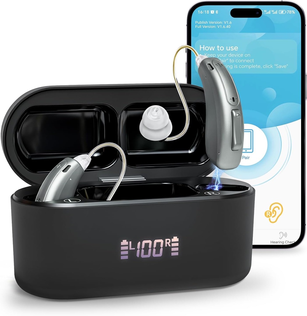 Høreapparater (ikke forsterkere), Bluetooth-oppladbare høreapparater for eldre voksne, superior lydkvalitet OTC Smart Høreapparat med støyavbestilling, Bluetooth-aktivert og app-kontroll, 4 moduser