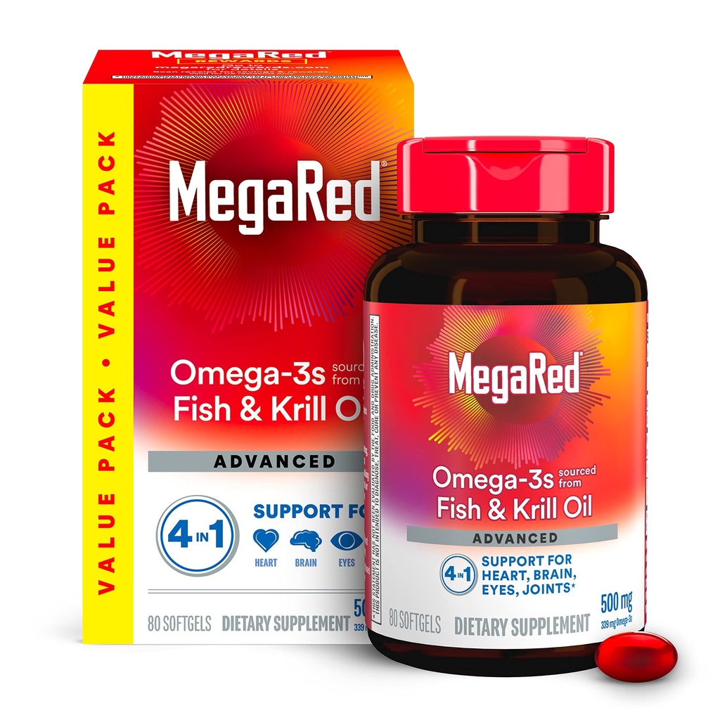 Megared Omega-3 Fish Oil + høy absorpsjon krill olje 500 mg Softgels, MegarRed avansert 4in1 (80 telle i en flaske) Konsentrert Omega-3 fisk og krill olje Supplement