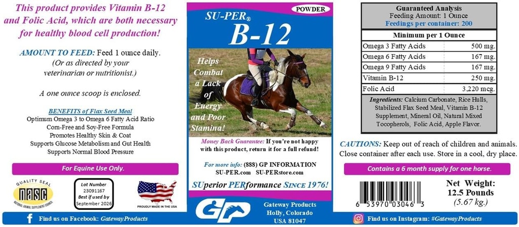 SU-PER B-12 Energi Horse Supplement - Equine vitaminer B-12 & B-9 Folinsyre støtte pulver - 12,5 pund, 6 måneders forsyning