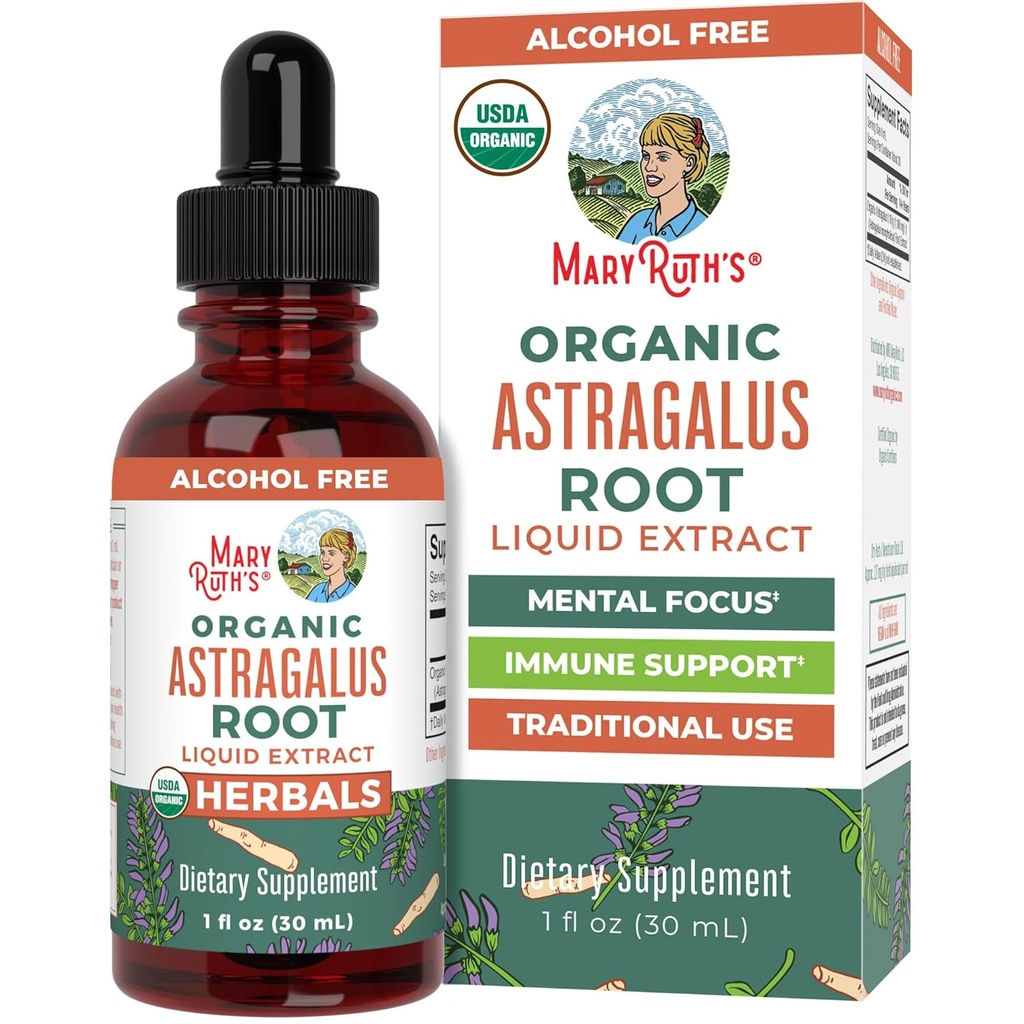 MaryRuth Organics Astragalus Root, Sukkerfri, USDA Organic, Astragalus ekstrakt for immunstøtte og fokus, Herbal flytende dråper, Ikke-GMO, Vegan, 1 Fl Oz