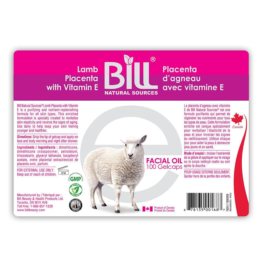 Bill Natural Sources Lamb Placenta med vitamin E, 100 Gelcaps - forynger kjedelige hudceller og revitaliserer hudceller elastisitet