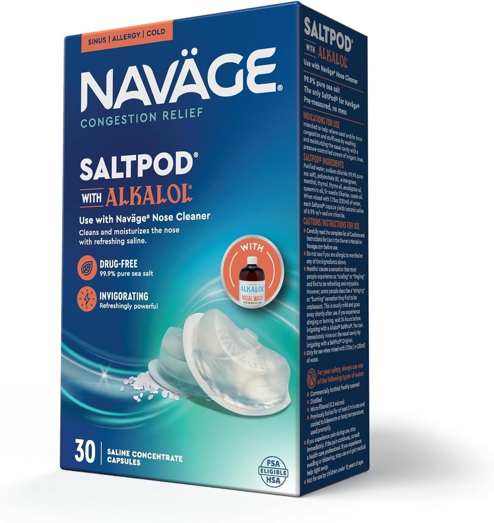 Navage SaltPod w/Alkalol 30 Pack (30 saltpoder) Salt Pod Påfyllinger Bare - Eksklusivt designet Nasal Irrigasjonssystem - Sinus Rinse og Alkalol Pods for rask og beroligende relief