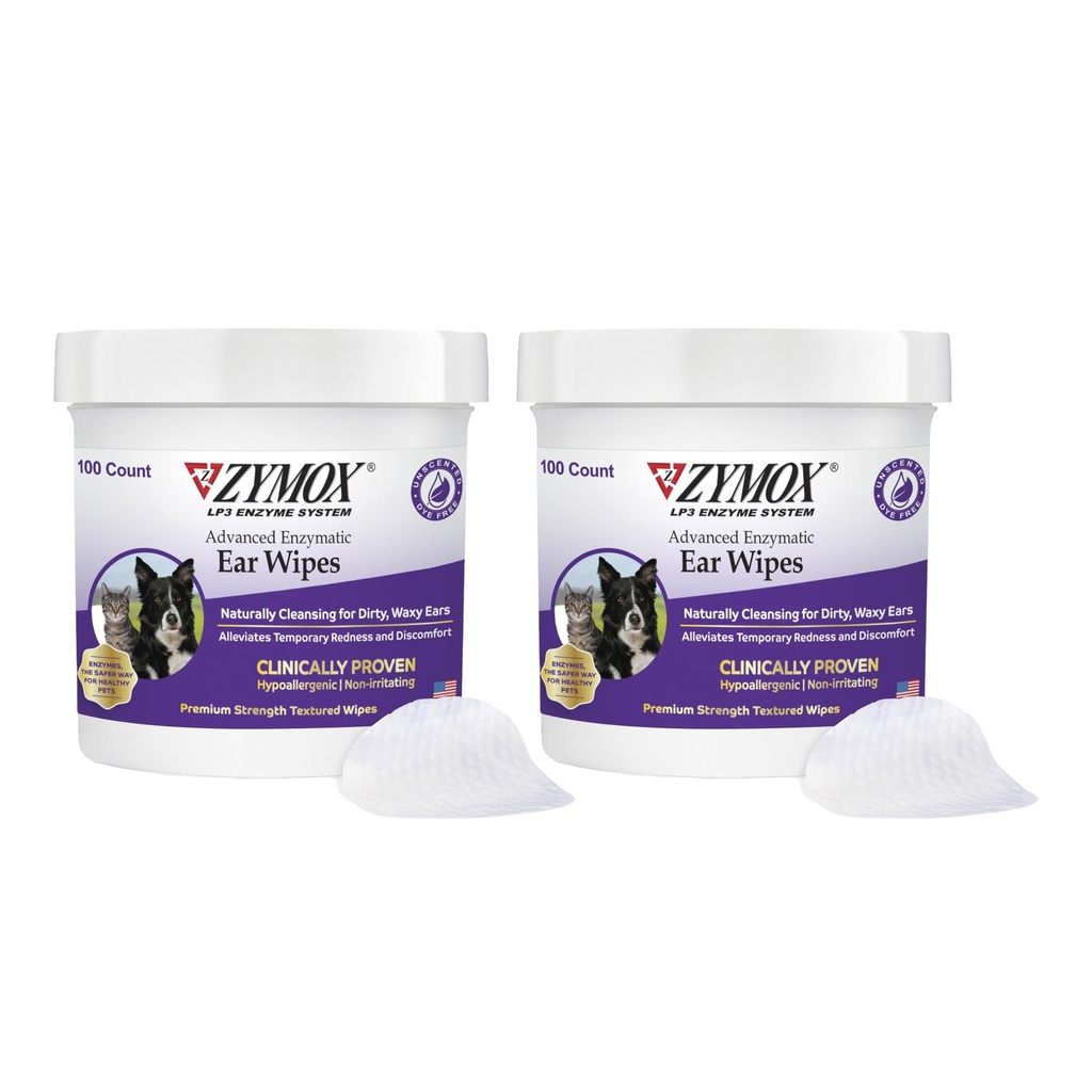Zymox Advanced Enzymatic øredobber for hunder og katter - for skitten, vaxy, luktende ører - Premium styrke øretører - ikke-irriterende - Hypoallergenic (100-pack av 2)