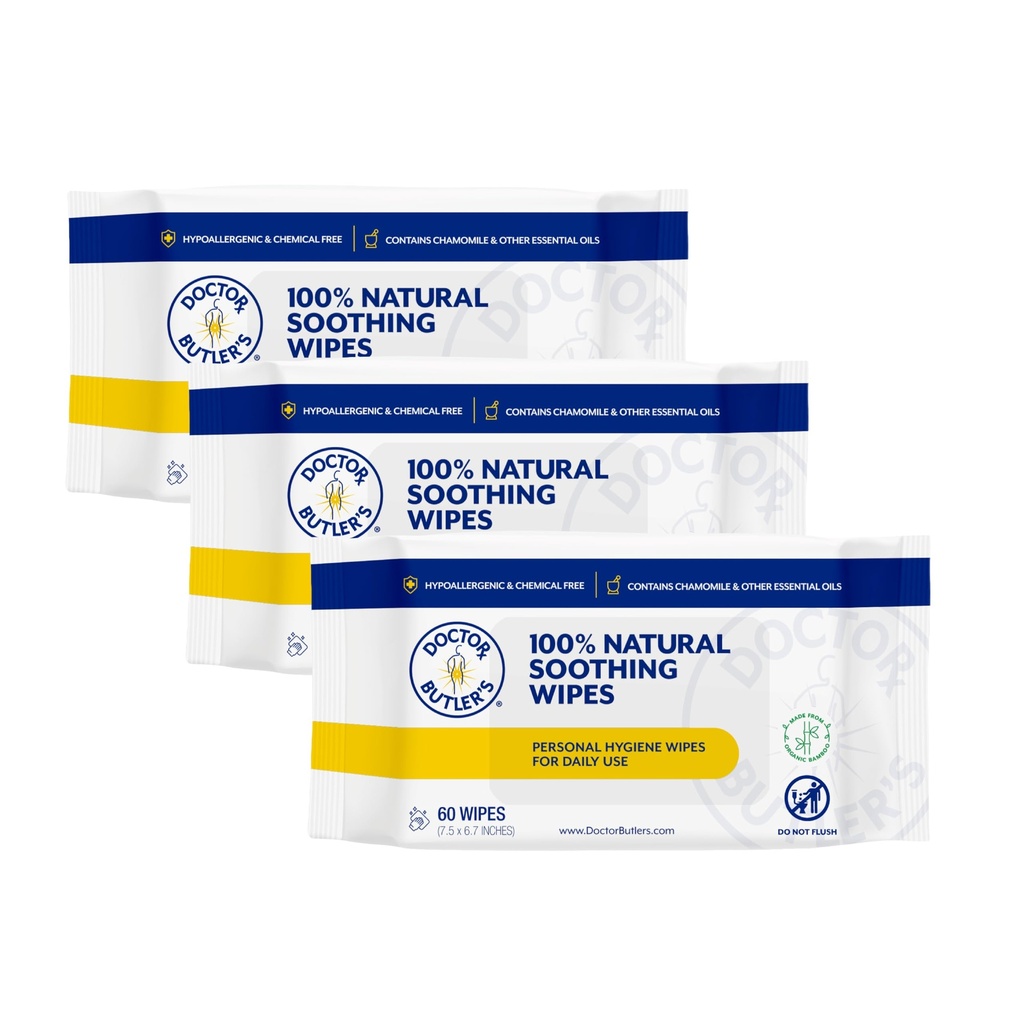Doctor Butler's Soothing Wipes - All-Purpose våte tørker for sensitive hud, ansiktstørker, og baby tørker med kamille og essensielle oljer* (3 pakke – 60 greve)