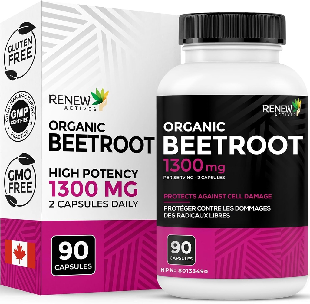 Forny Actives Organic Beetroot Supplement 1300MG per 2 Kapsler - ren beetroot pulver for sirkulasjon, naturlig energi, og antioksidant fordeler - høy potens Supermat, laget i Canada - 90 Kapsler