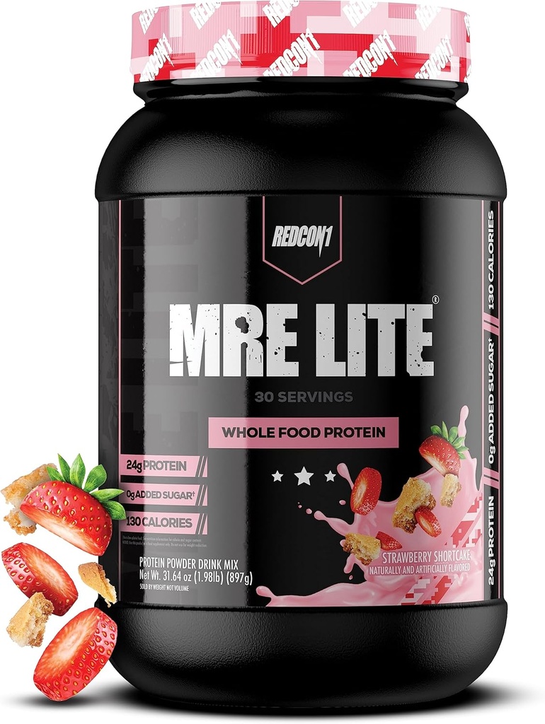 REDCON1 MRE Lite Hele Mat Protein pulver, Jordbær Shortcake - Lav karbohydrat og hvete gratis måltid erstatning med dyreprotein blandinger - lett å digest Supplement laget med MCT oljer (30 Serveringer)