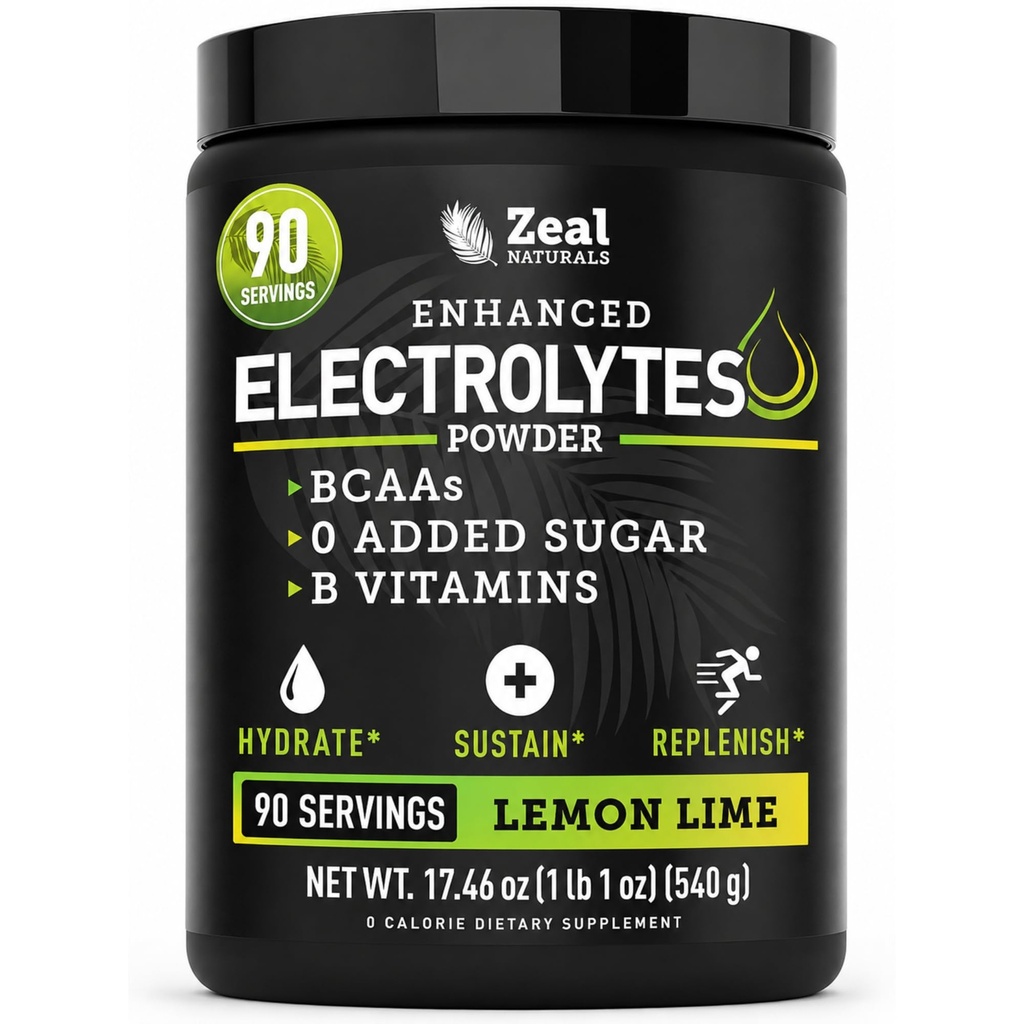 Zeal Naturals Electrolyte pulvergjenvinningsdrikk (90 Serveringer | Lemon Lime) w 0 Sukker +BCAA + B-vitaminer Electrolyte Supplement w Kalium Zink & Magnesium for Hydration - Keto Electrolytes