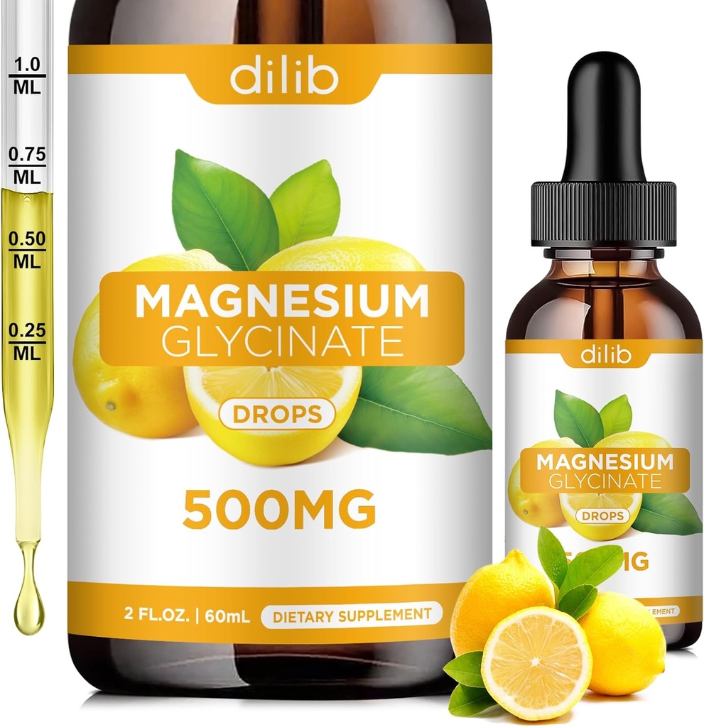 Magnesiumglycinat Supplement, magnesiumglycinat flytende dropper 500mg med kalsium, sink, vitamin B6, D3, L-theanin, Omega 3 for søvn, Mood, Stress Relief, Bein, Muskel, sitronflavor