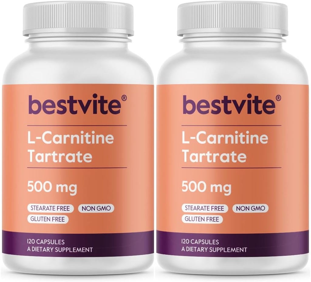 BESTVITE L-karnitin Tartrat 500 mg per kapsel (240 kapsler(120x2) - Ingen stearates - ikke GMO - Glutenfri