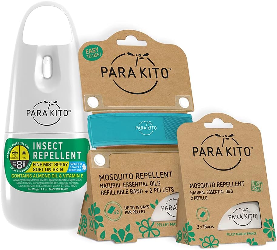 PARAKITO Mosquito, Insekt & Bug Spray Bundle - Inkluderer Spray, Turquoise Wristband & 4 Påfyllinger gratis, Citronella Essential Olier, Perfekt til camping, Vandring, Reise utendørsaktiviteter