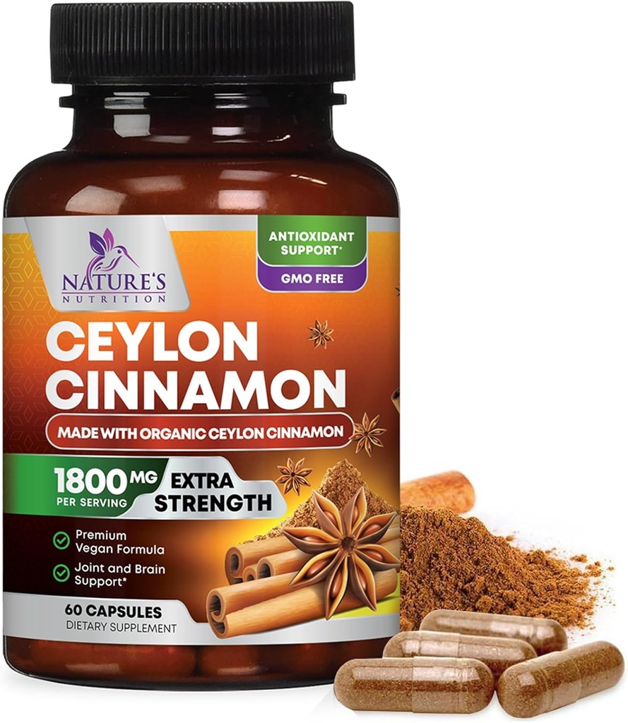 Organisk Ceylon Cinnamon Supplement 1800 mg - Certified Organic Ceylon Cinnamon pulver piller - Energi og hjerte støtte for kvinner og menn, flaske i USA, Antioksidant, Glutenfri, Ikke-GMO - 60 Kapsler